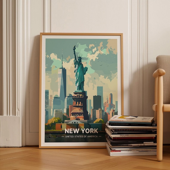 New York Statue of Liberty Manhattan Skyline Vintage Travel Poster