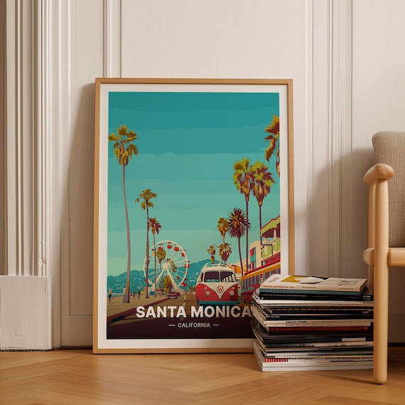 Santa Monica California Pier Ferris Wheel Beach Vintage Travel Poster
