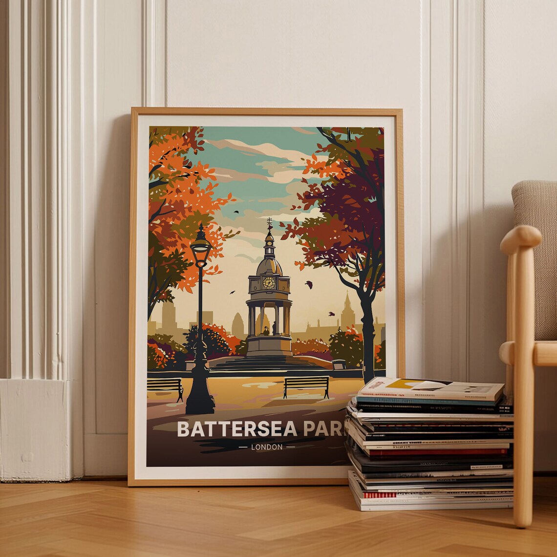 Battersea Park London Travel Poster Autumn Clock Tower Pavilion Art