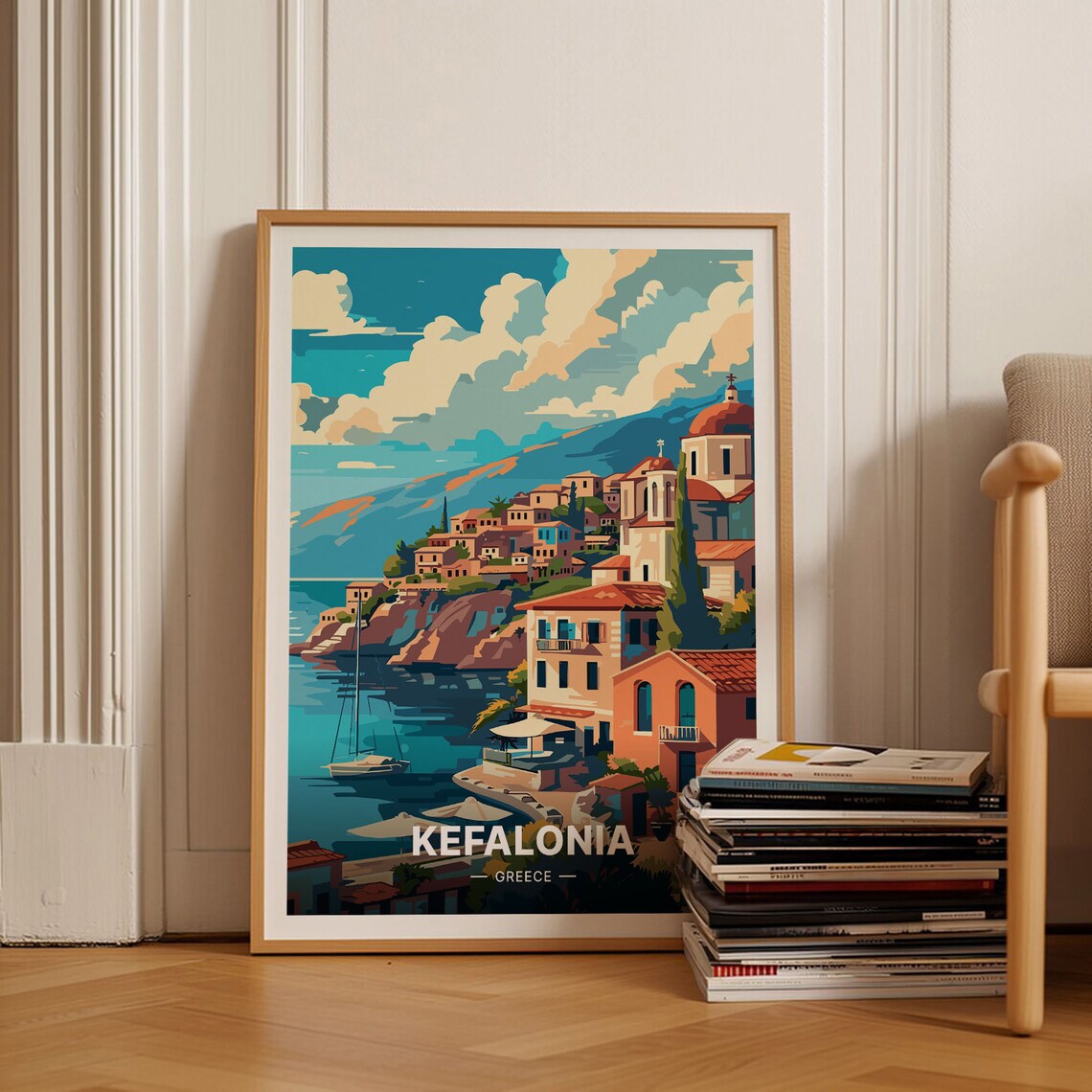 Kefalonia Greece Travel Poster Harbor Village Church Sailboat Art