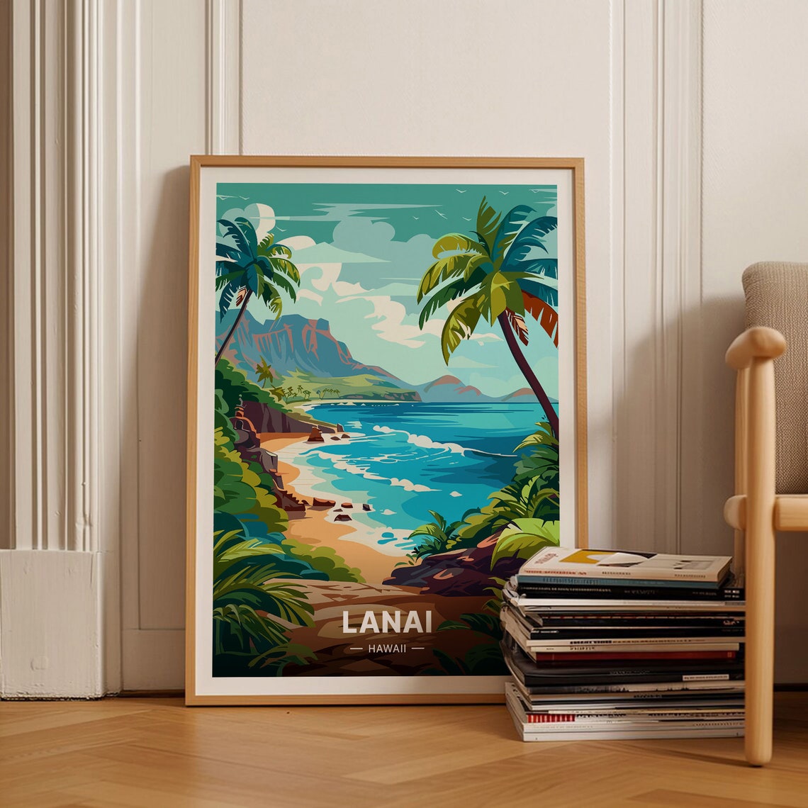 Lanai Hawaii Tropical Beach Palm Trees Vintage Travel Poster