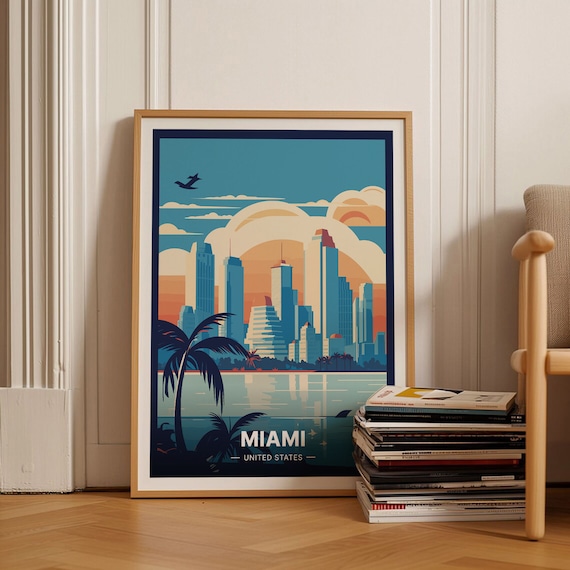 Miami United States Downtown Skyline Sunset Palm Cityscape Poster