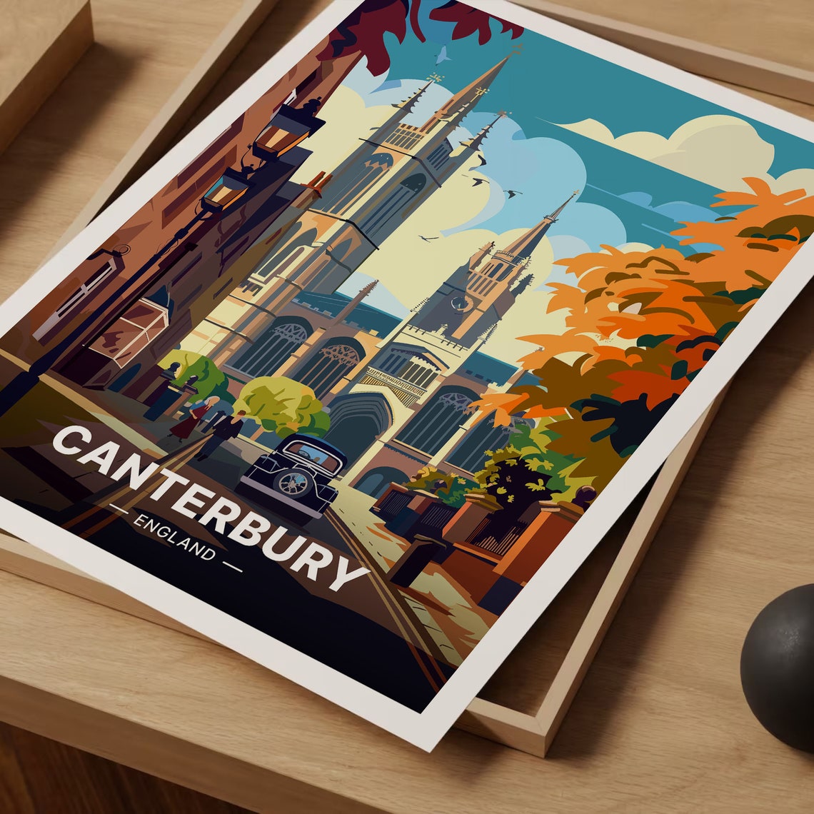 Canterbury England Cathedral Vintage Autumn Street Scene Poster - Image 3