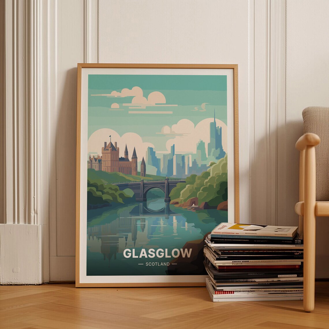 Glasgow Scotland River Reflection Historic Bridge Cityscape Travel Poster
