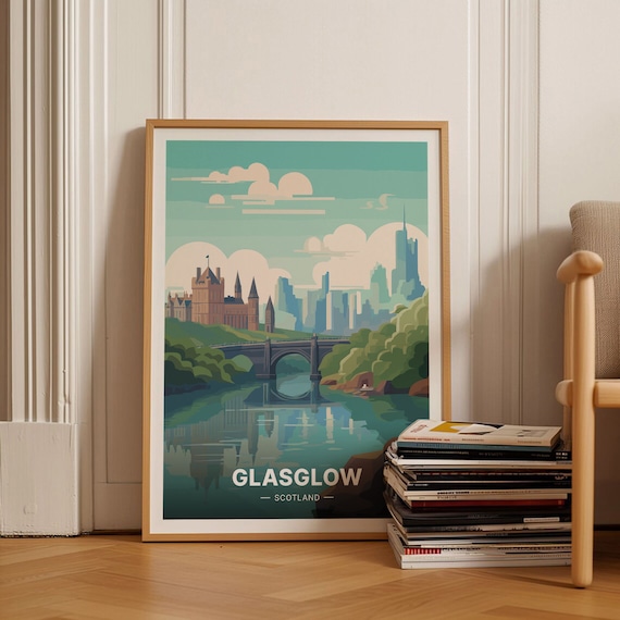 Glasgow Scotland River Reflection Historic Bridge Cityscape Travel Poster