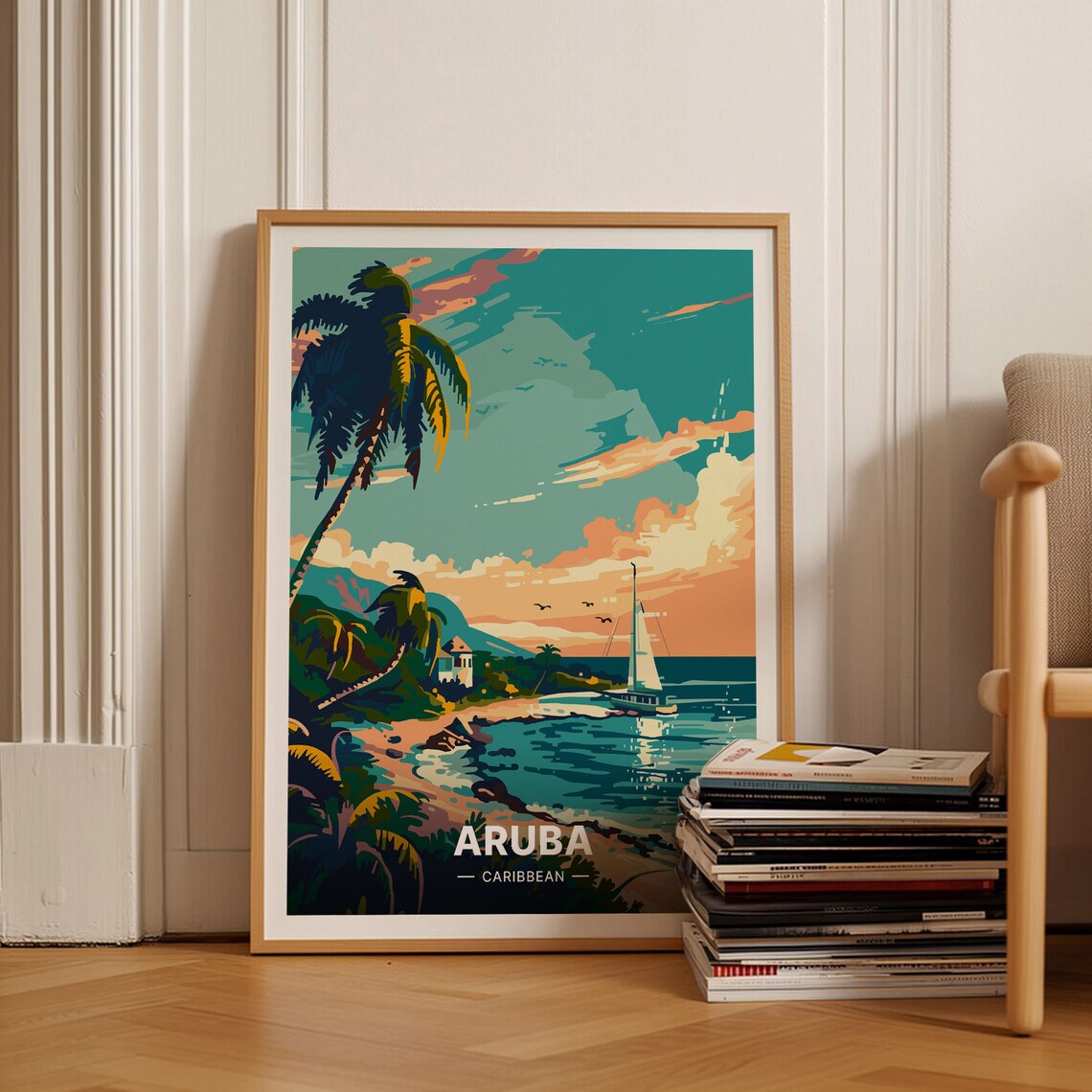 Aruba Travel Poster, Caribbean-Inspired Beach Scene