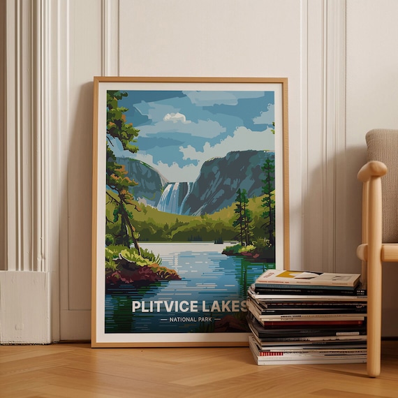 Plitvice Lakes National Park Croatia Waterfall Vintage Travel Poster