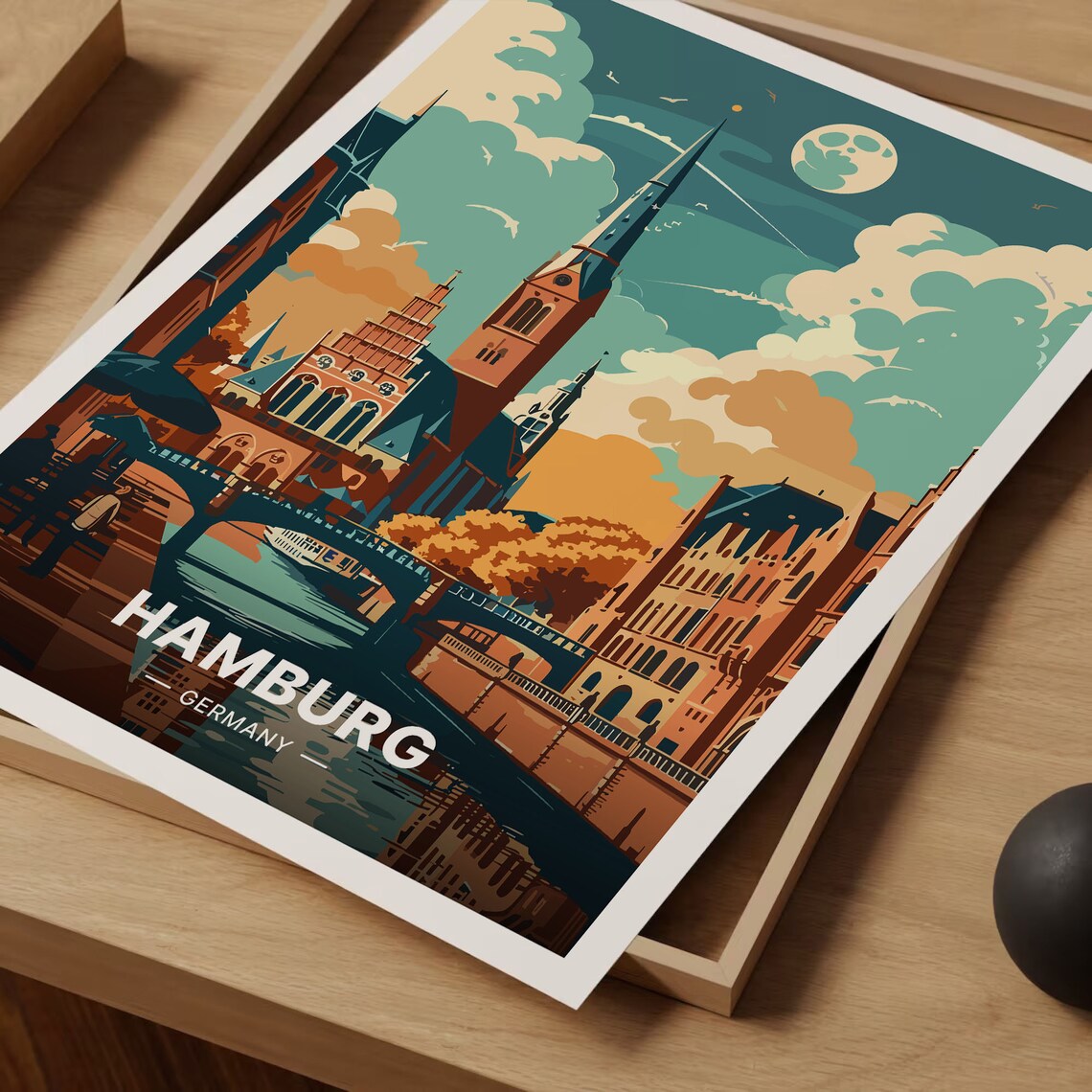 Hamburg Germany Travel Poster Moonlit Canal Bridge Churches Night Art - Image 3