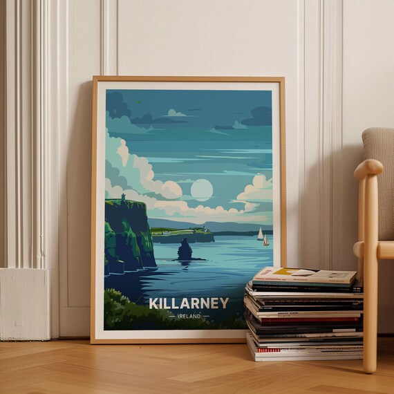 Killarney Ireland Sea Cliffs Sailboat Blue Coast Vintage Travel Poster