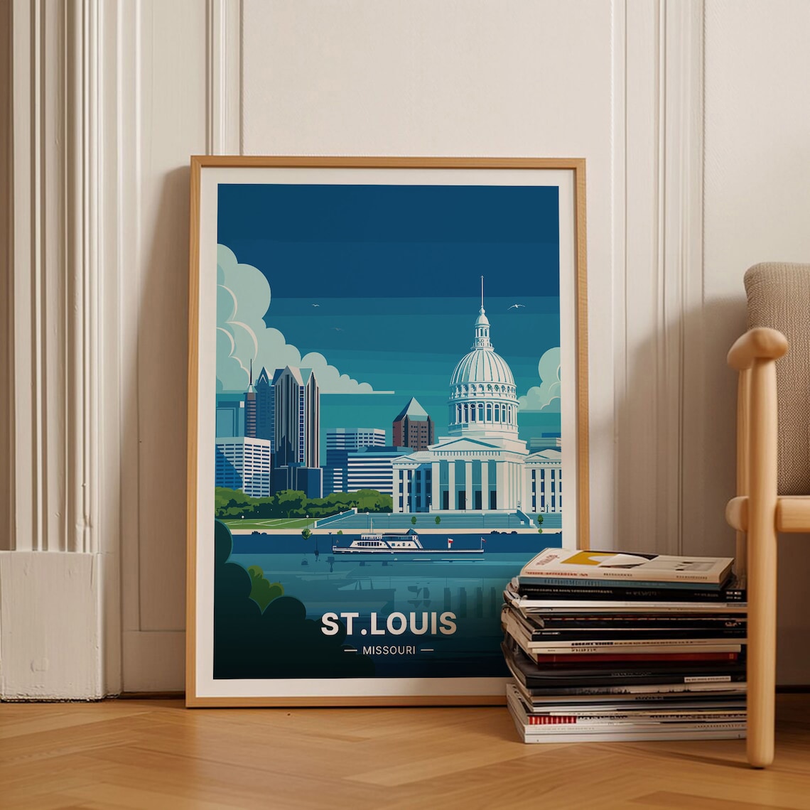 St Louis Missouri City Skyline Riverboat Vintage Travel Poster