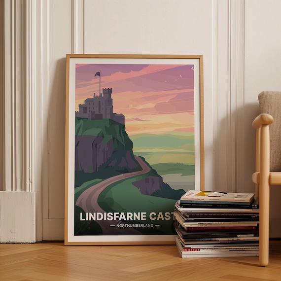 Lindisfarne Castle Northumberland Sunset Hilltop Vintage Travel Poster
