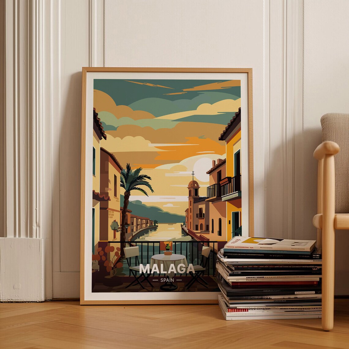 Malaga Spain Travel Poster Balcony Cafe Sunset Harbor Palm Art