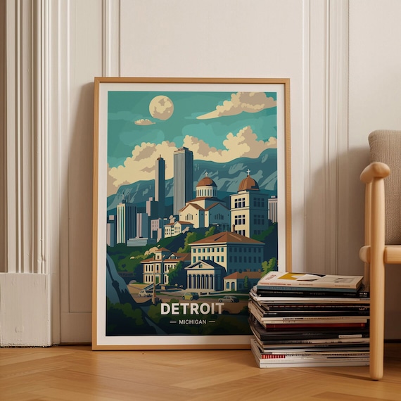 Detroit Michigan Moonlit City Skyline Vintage Illustrated Travel Poster