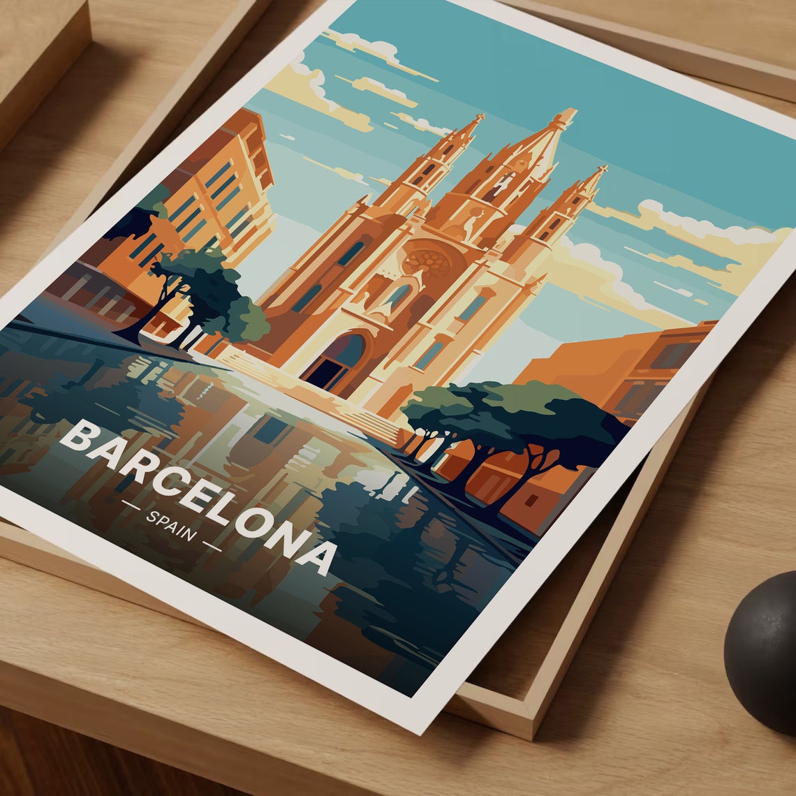 Barcelona Spain Cathedral Spires Canal Reflection Travel Poster - Image 3