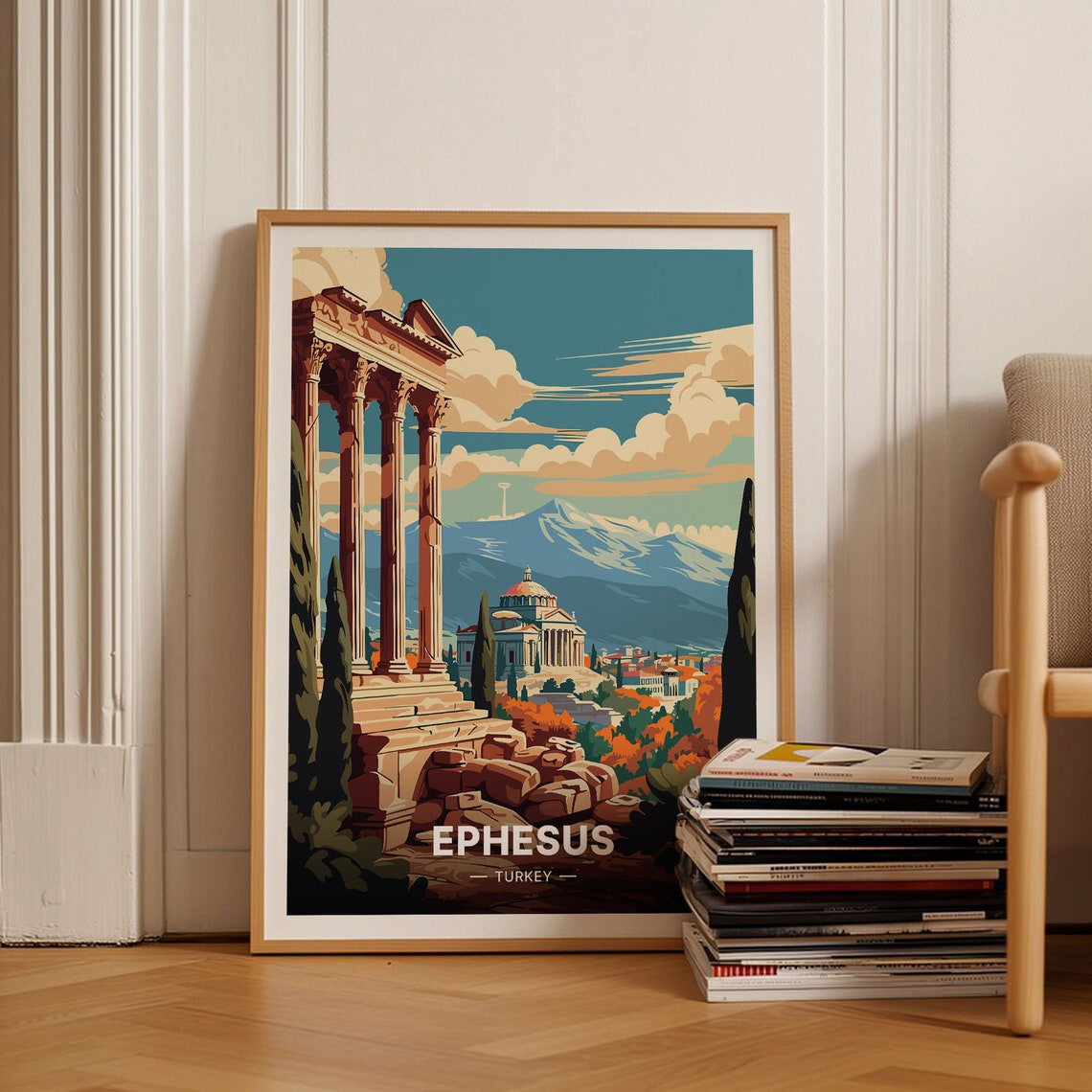 Ephesus Turkey Vintage Travel Poster Ancient Roman Ruins Columns Art