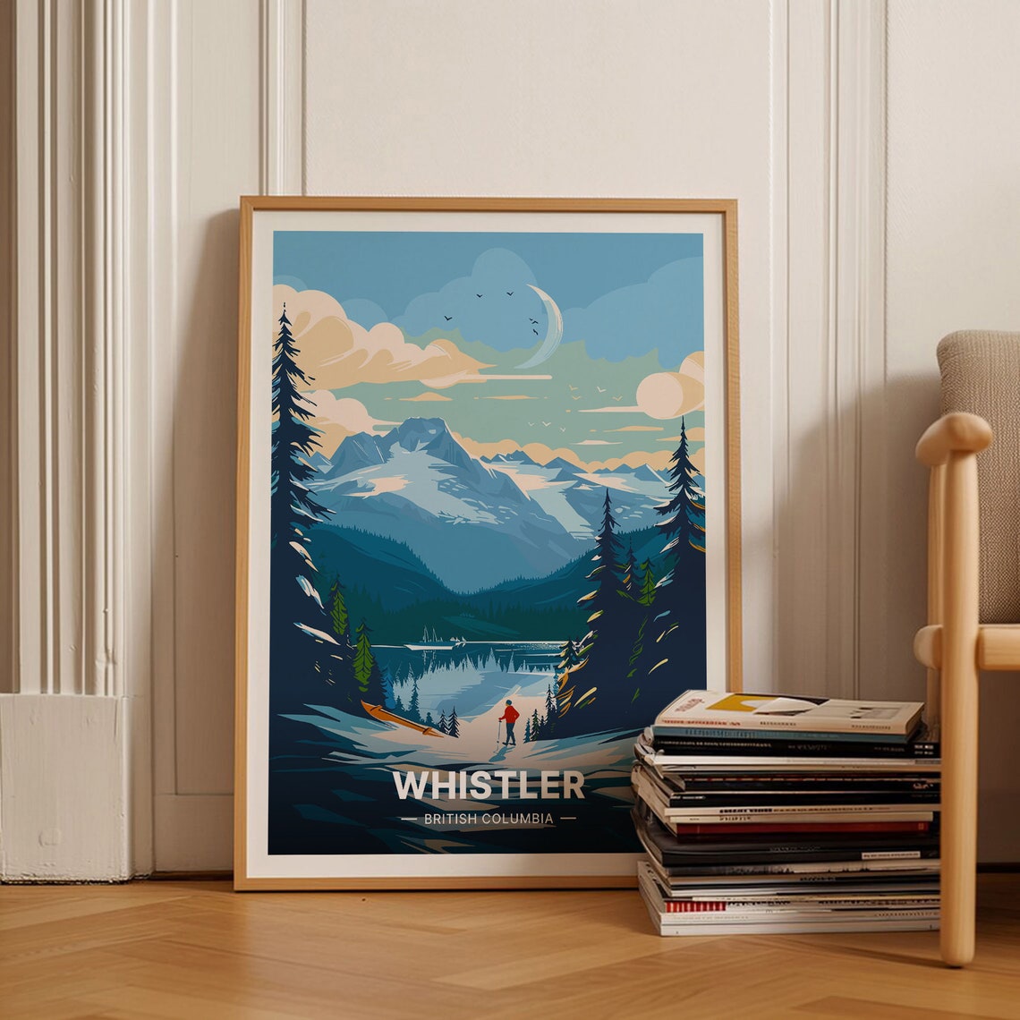 Whistler British Columbia Poster Snowy Peaks Lake Canoe Ski Art