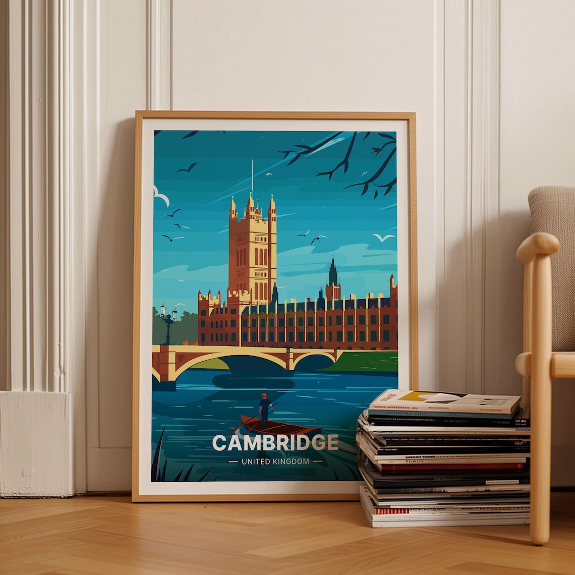 Cambridge England Vintage Travel Poster River Punting Cityscape Art