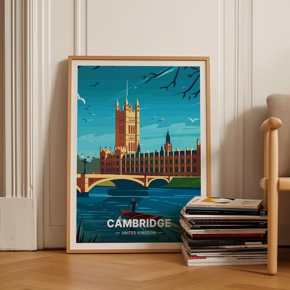 Cambridge England Vintage Travel Poster River Punting Cityscape Art