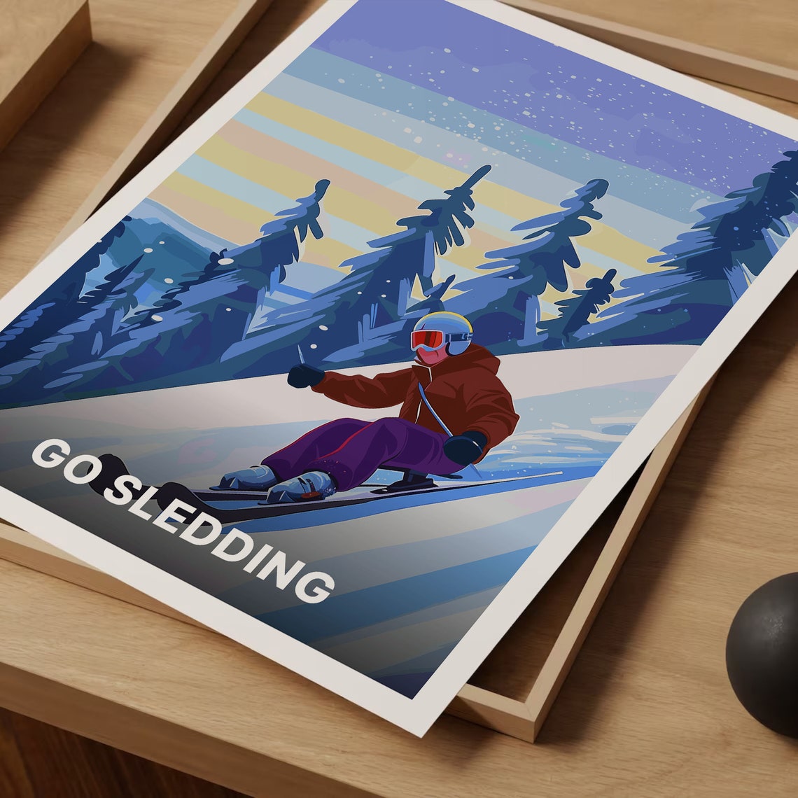 Go Sledding Retro Ski Slopes Sunset Alpine Winter Sports Poster - Image 3