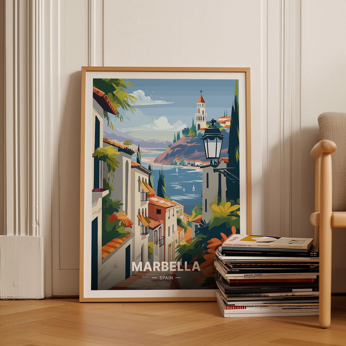 Marbella Spain Sunlit Old Town Church Tower Bay View Travel Poster