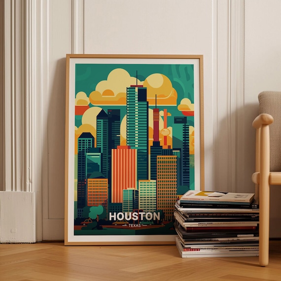 Houston Texas Retro Skyline Bold Sunset Cityscape Travel Poster
