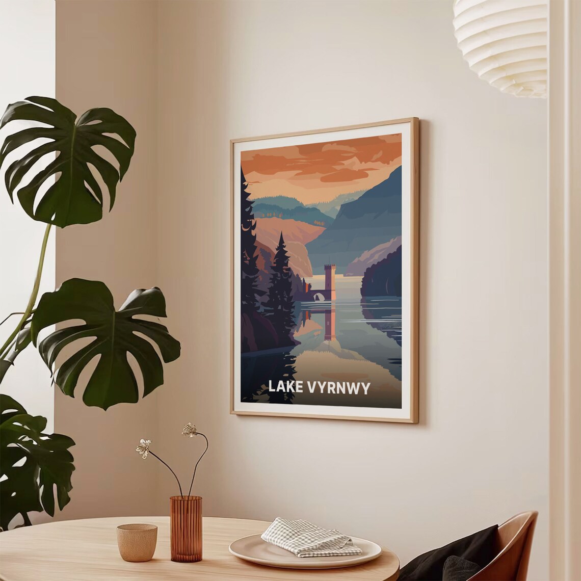 Lake Vyrnwy Wales Mountain Reservoir Tower Sunset Reflection Travel Poster - Image 2