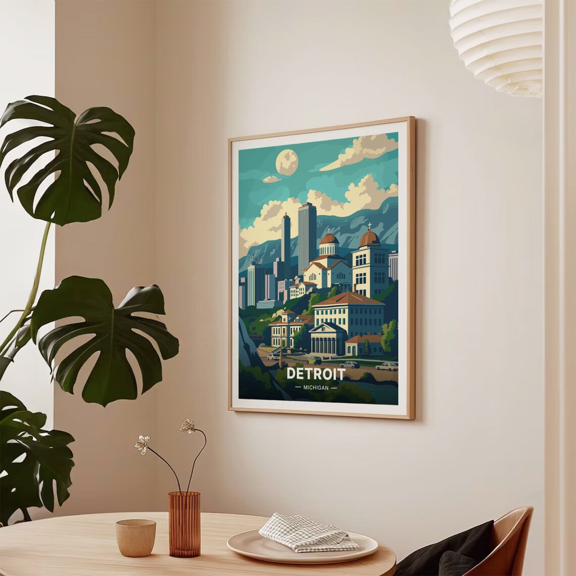 Detroit Michigan Moonlit City Skyline Vintage Illustrated Travel Poster - Image 2