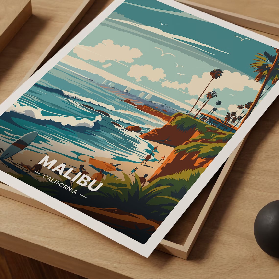 Malibu California Surf Waves Palm Cliffs Vintage Beach Scene Poster - Image 3