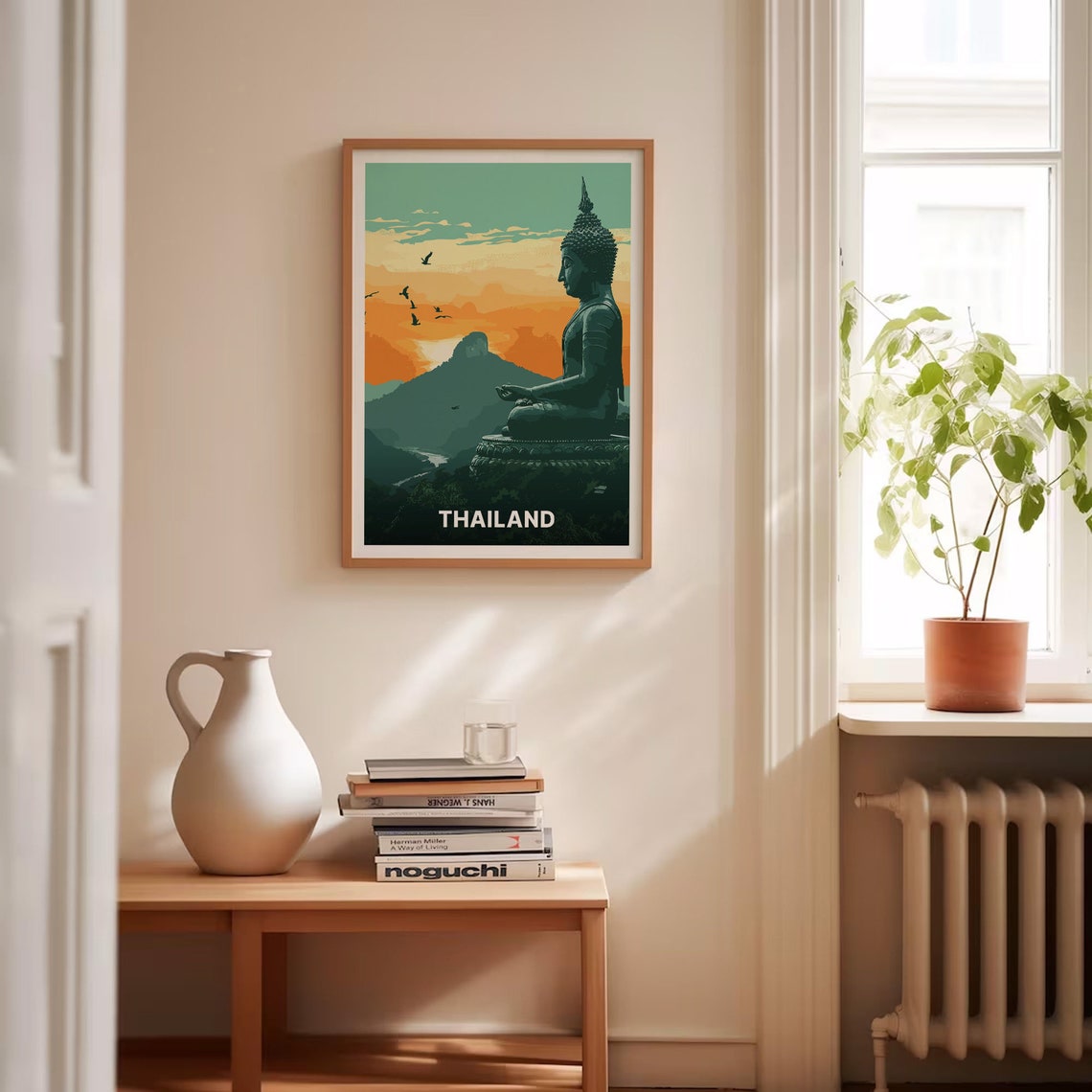Thailand Travel Poster Meditating Buddha Statue Sunset Mountain Art - Image 4