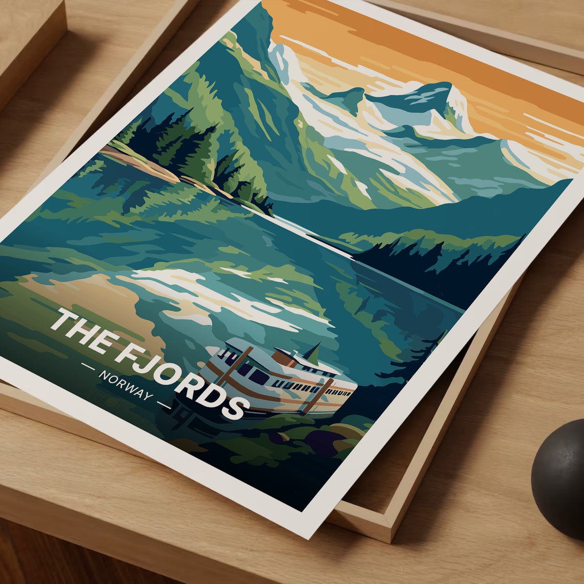 Norway Fjords Mountain Lake Boat Golden Sunset Travel Poster - Image 3