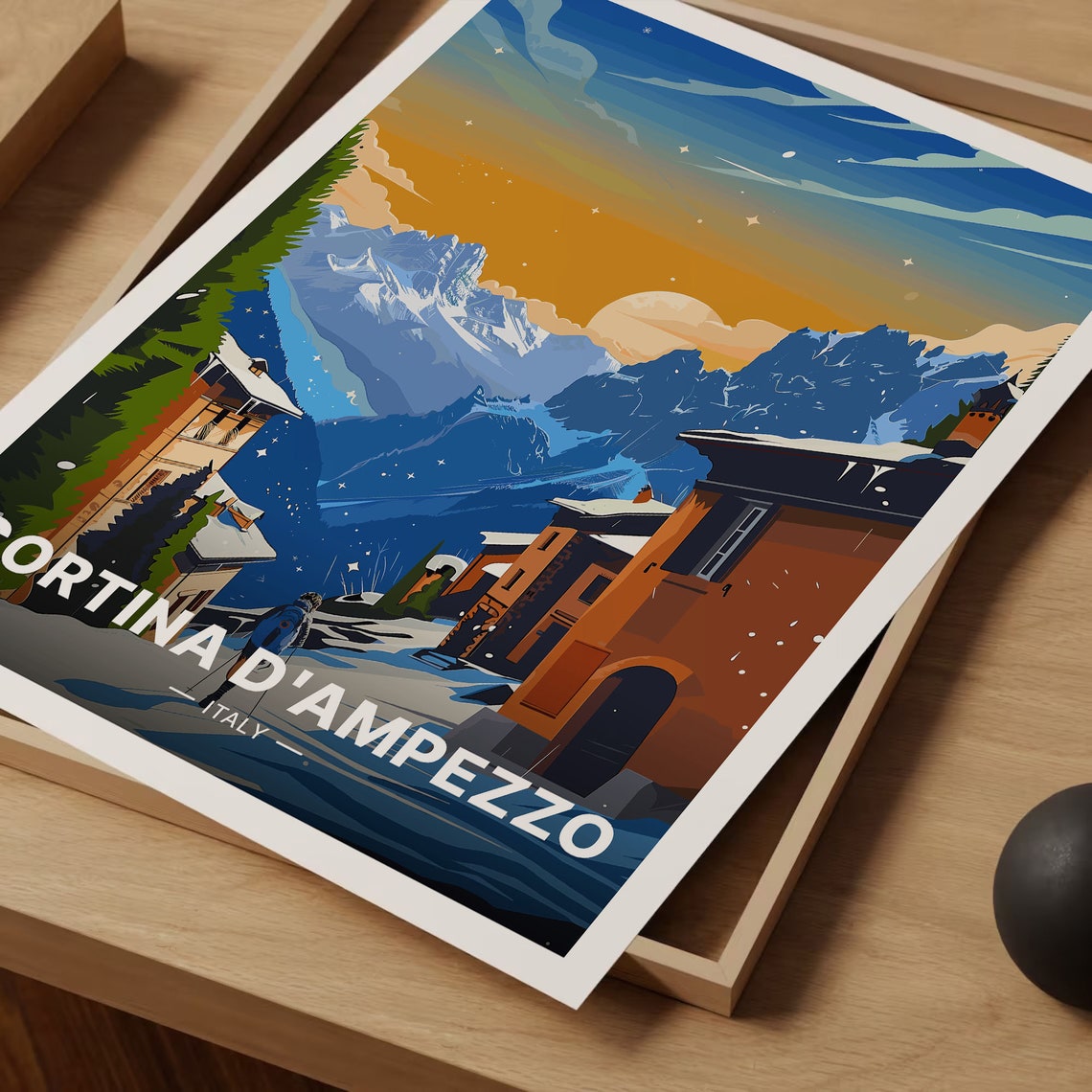 Cortina d'Ampezzo Italy Alpine Ski Town Night Vintage Travel Poster - Image 3