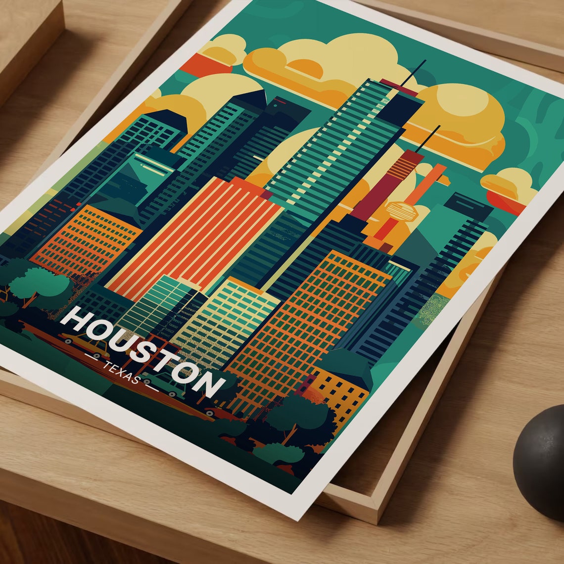 Houston Texas Retro Skyline Bold Sunset Cityscape Travel Poster - Image 3