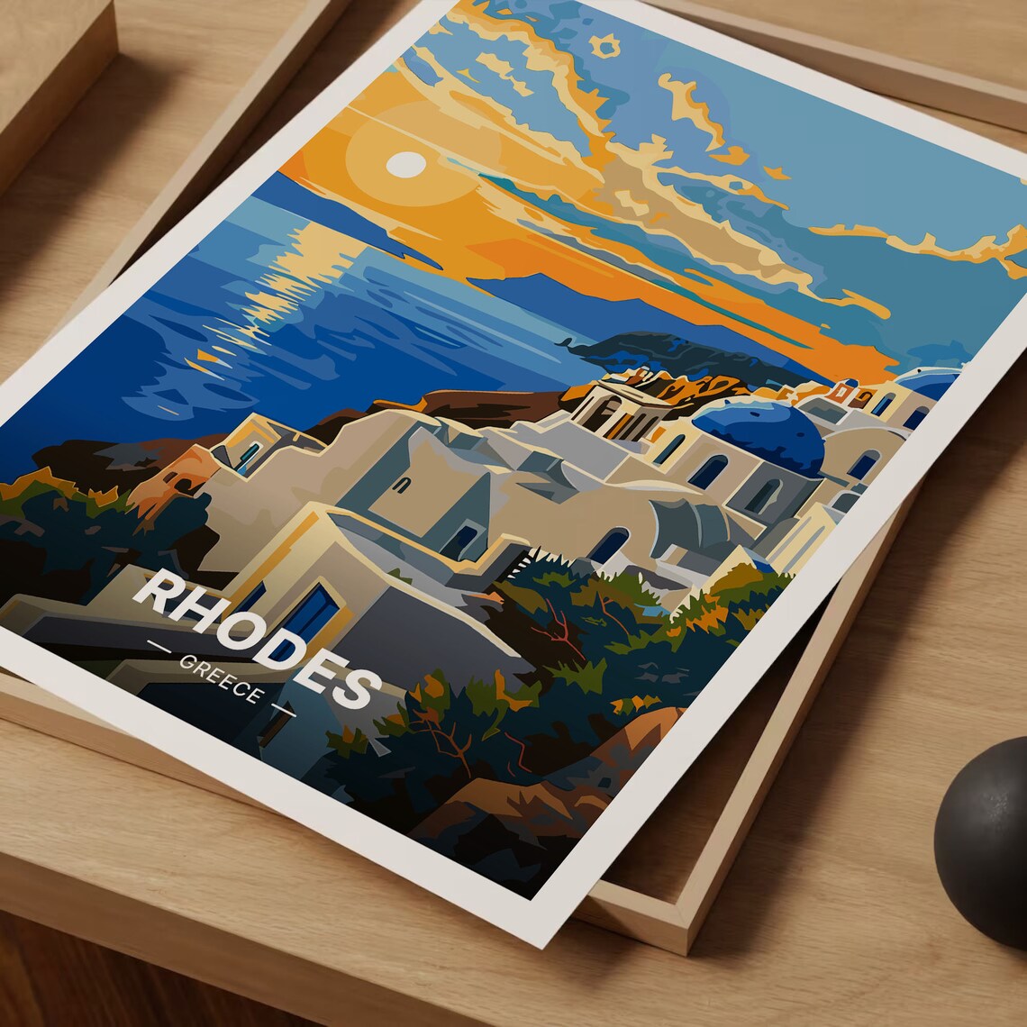 Rhodes Greece Whitewashed Village Blue Domes Sunset Sea View Travel Poster - Image 3