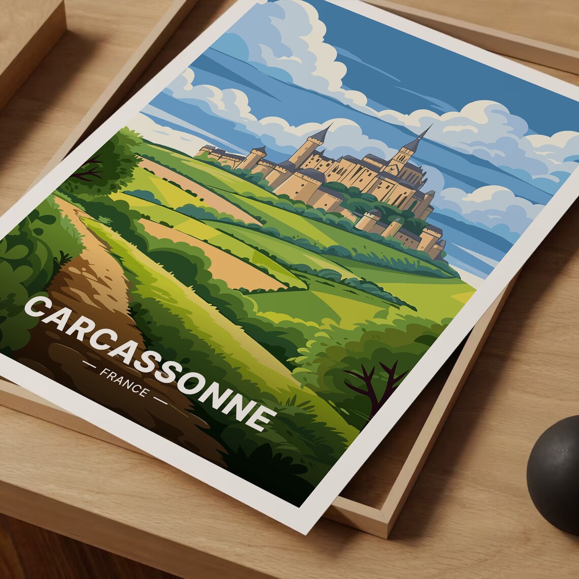 Carcassonne France Poster Medieval Citadel Rolling Green Hills Art - Image 3