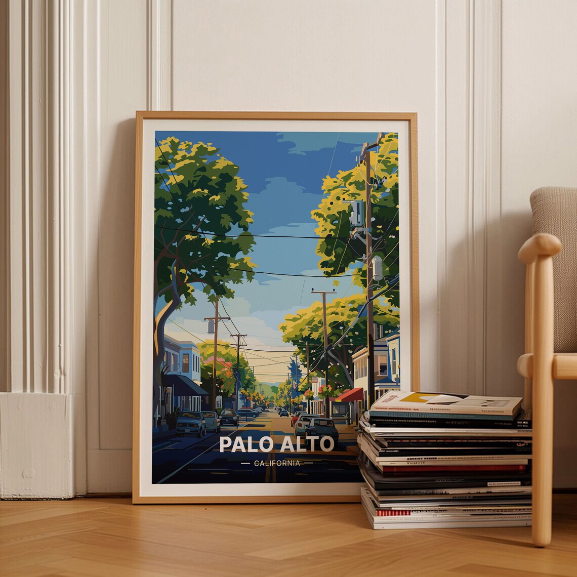 Palo Alto California Travel Poster Sunny Tree-Lined Street City Art