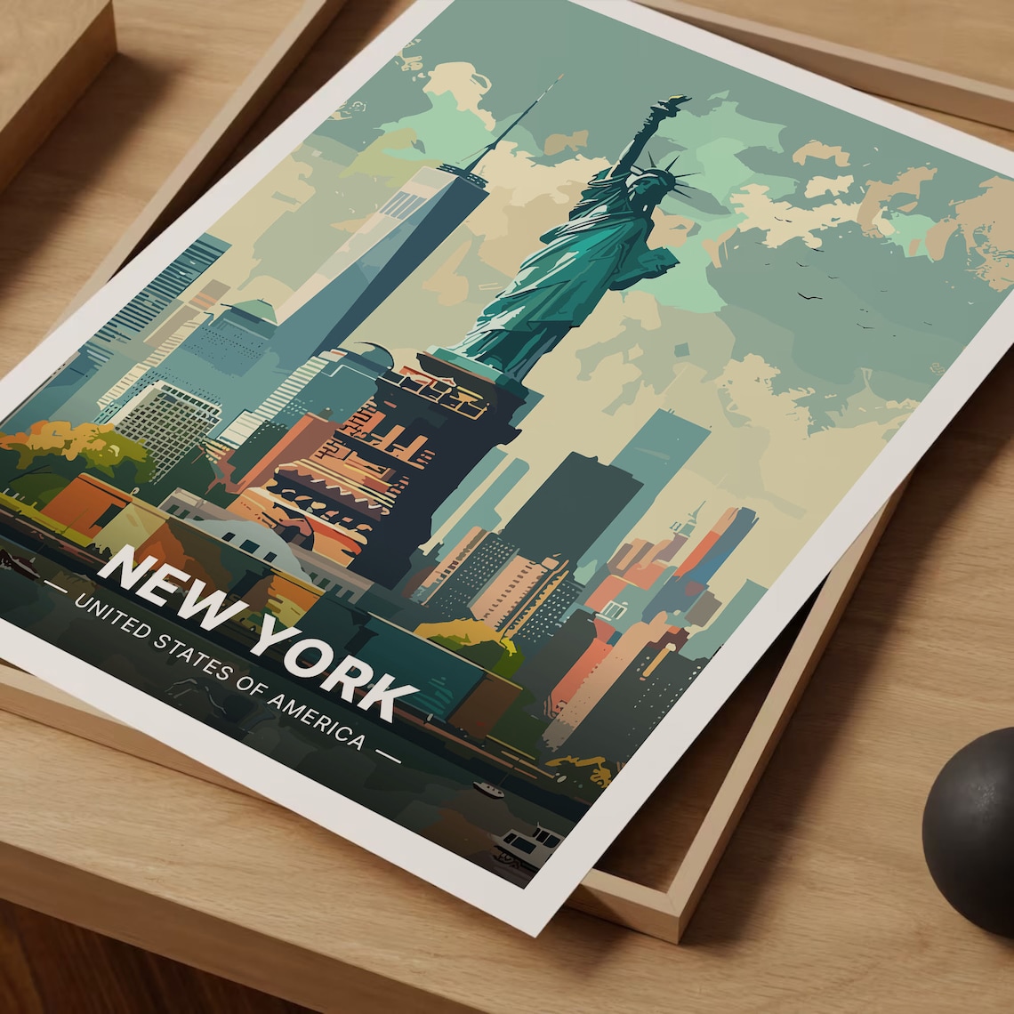 New York Statue of Liberty Manhattan Skyline Vintage Travel Poster - Image 3
