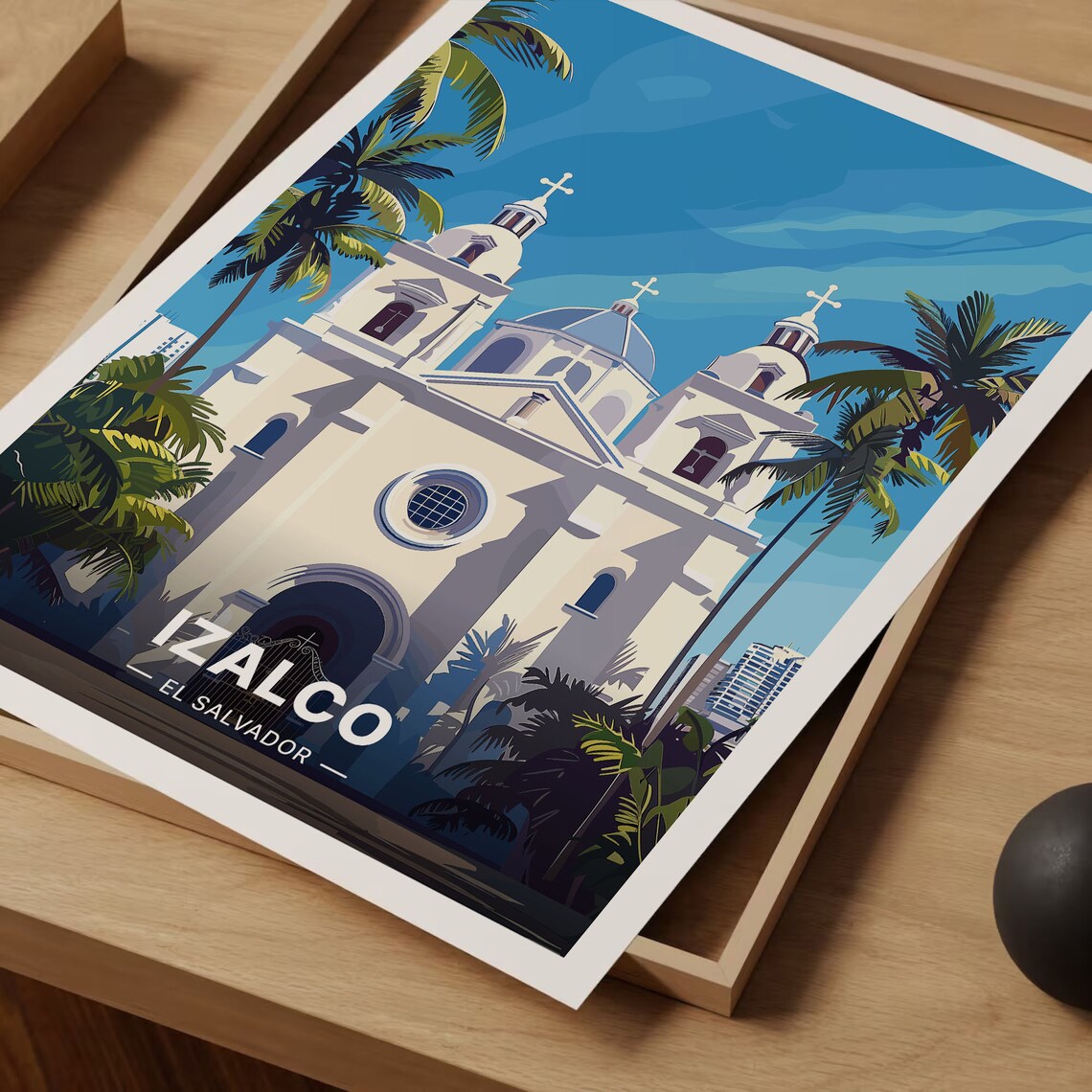 Izalco El Salvador Colonial Church Palm Trees City Landmark Poster - Image 3