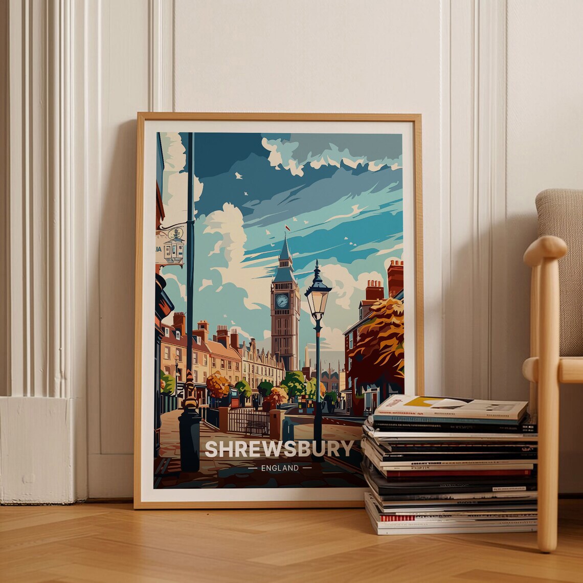 Shrewsbury England Historic Clock Tower Street Vintage Poster
