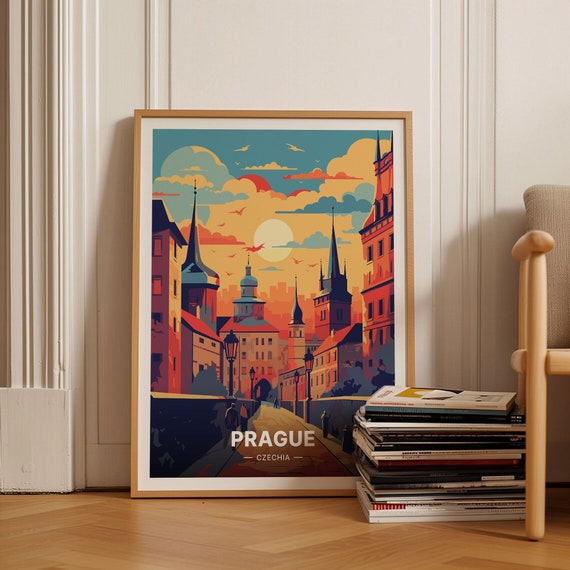 Prague Cityscape Travel Poster, European City Decor