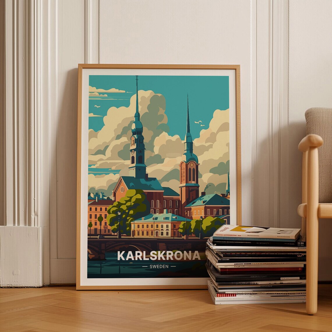 Karlskrona Sweden Twin Church Towers Waterfront Travel Poster