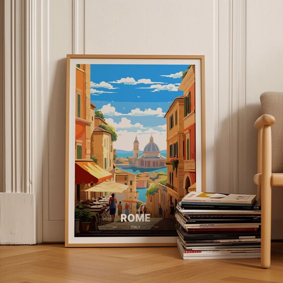 Rome Italy Cafe Street Domed Church Retro Vintage Travel Poster