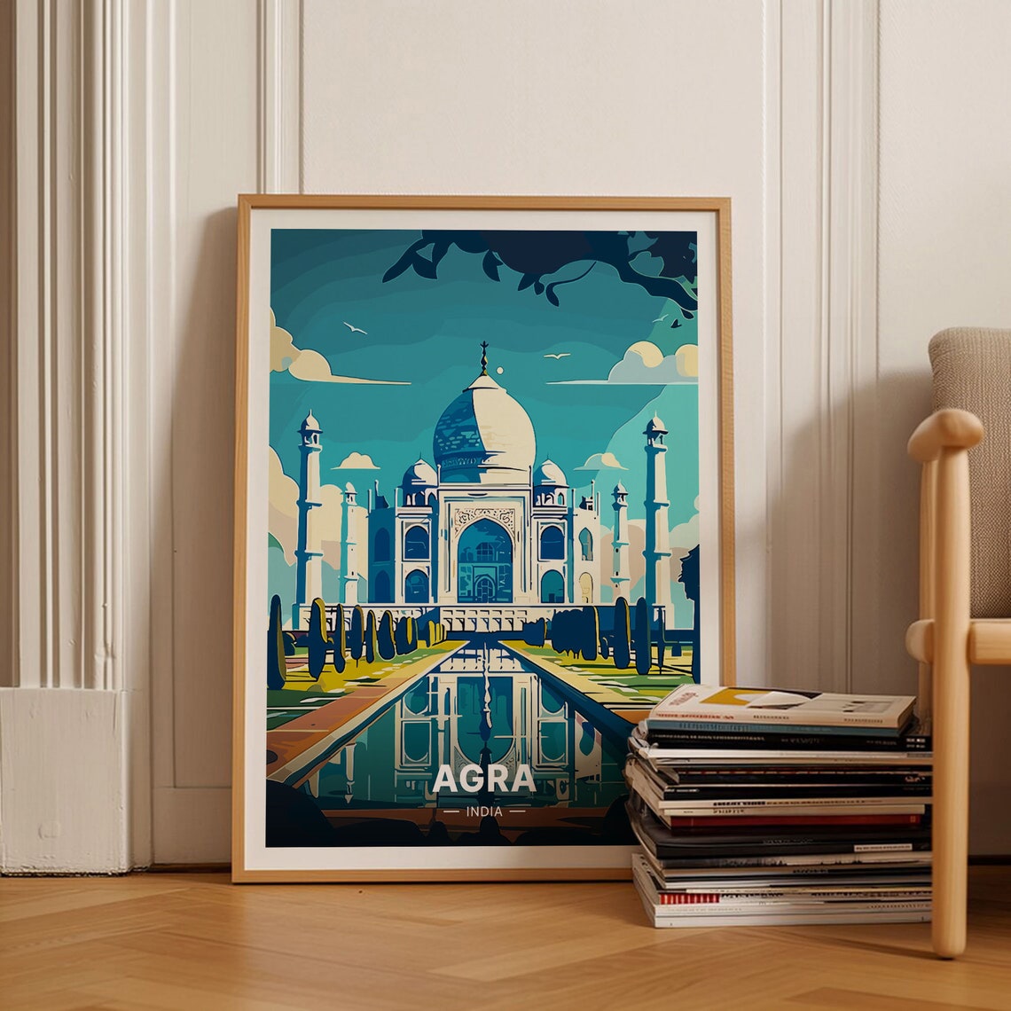 Agra India Taj Mahal Night Reflection Landmark Travel Poster