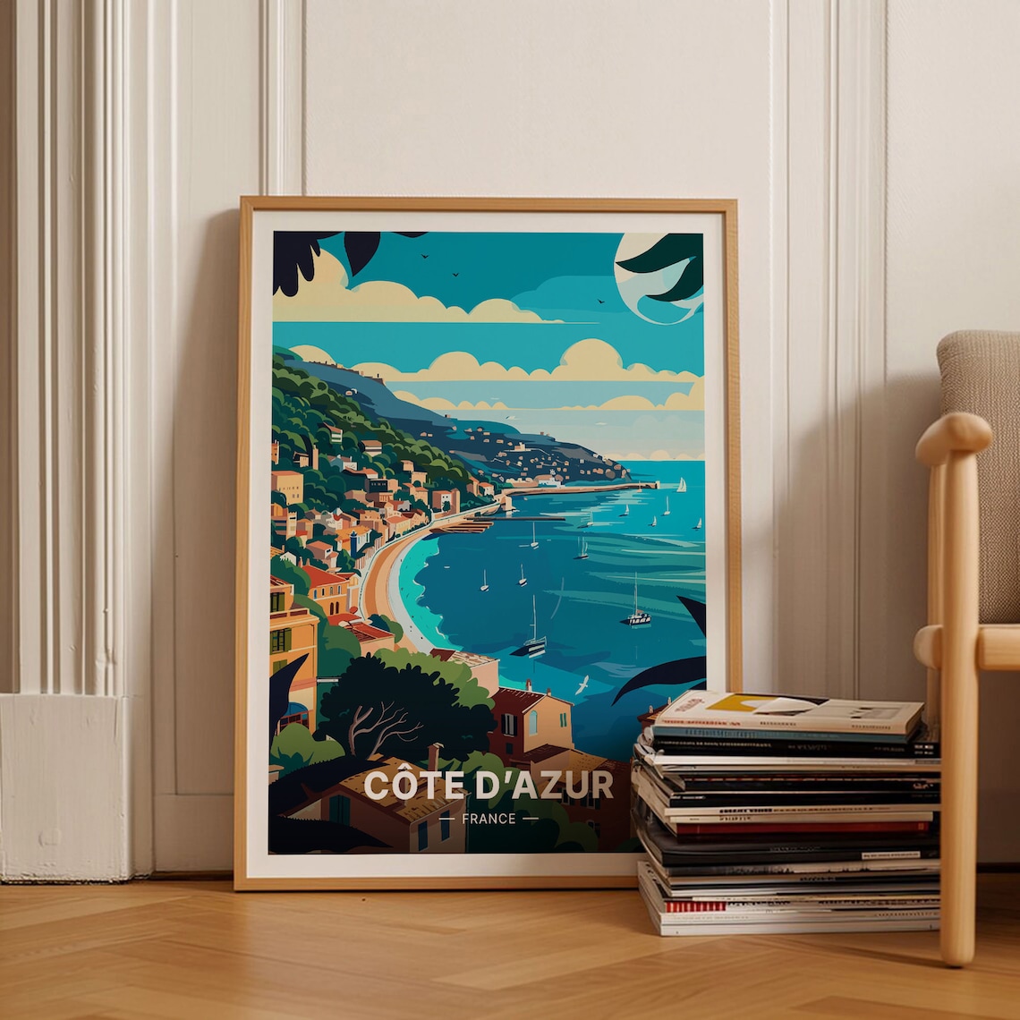Cote dAzur France Vintage Travel Poster Riviera Bay Sailboat Art