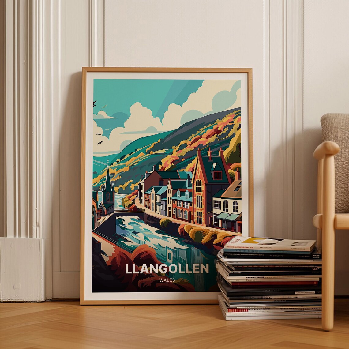 Llangollen Wales Riverside Old Town Church Spire Travel Poster