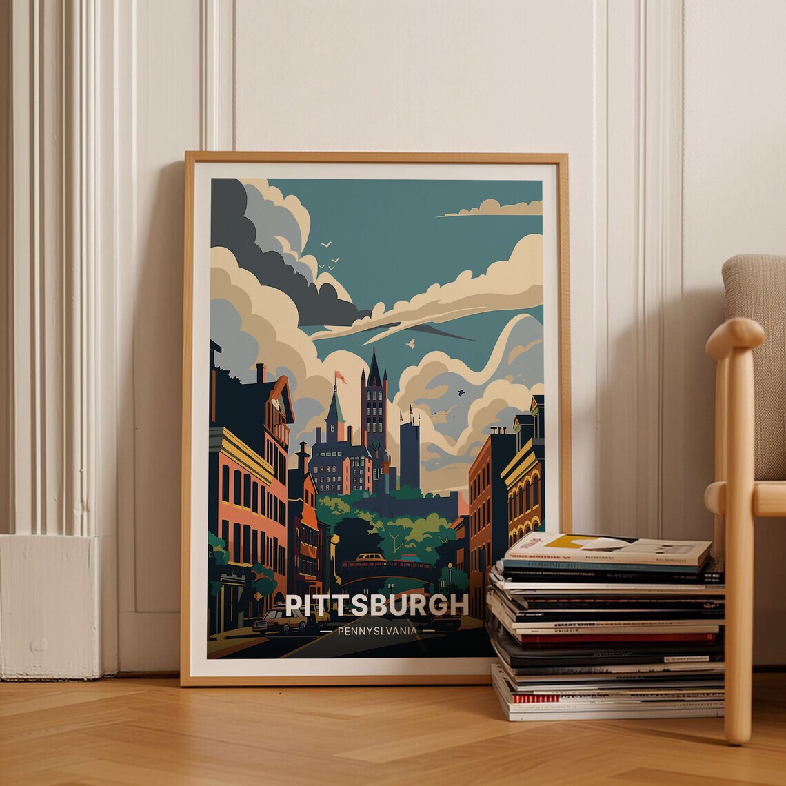 Pittsburgh Skyline Travel Poster, Pennsylvania Cityscape