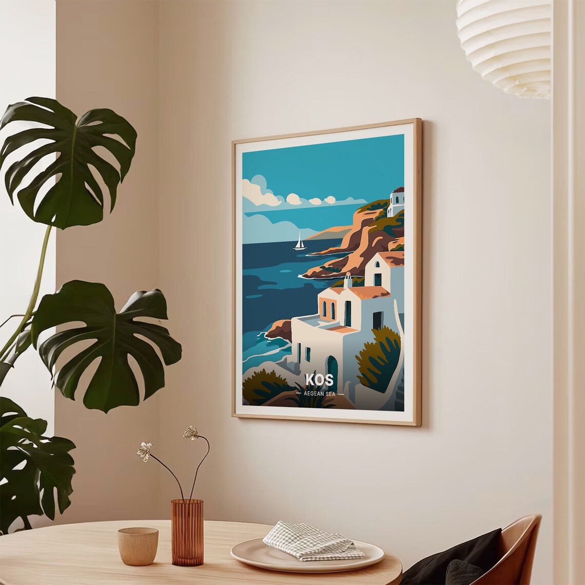 Kos Aegean Sea Travel Poster Greek Island White Houses Sailboat Art - Image 2