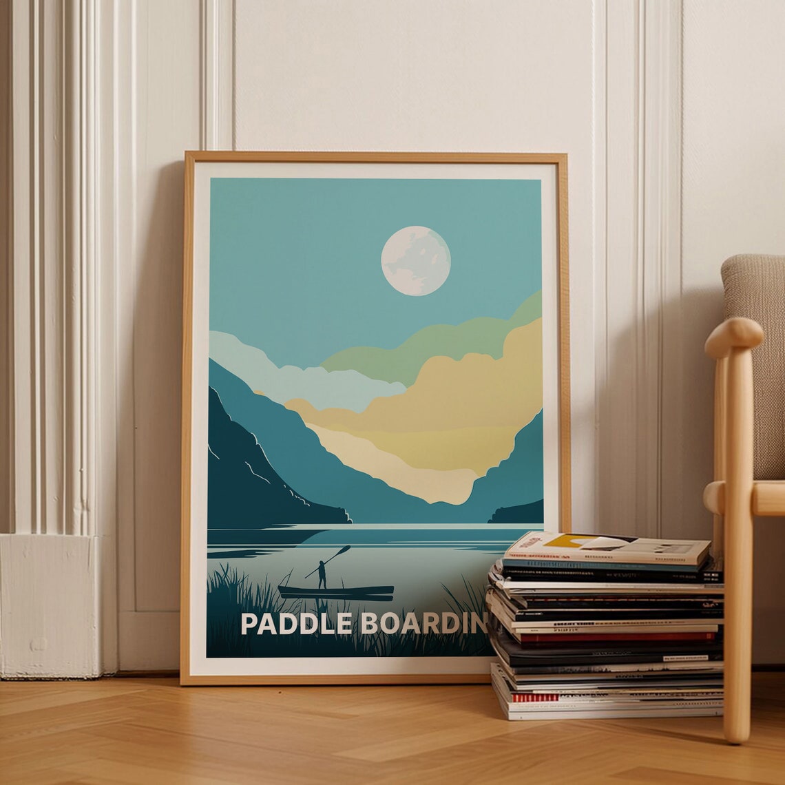 Paddle Boarding Adventure Poster Lake Mountains Sunset Silhouette Art