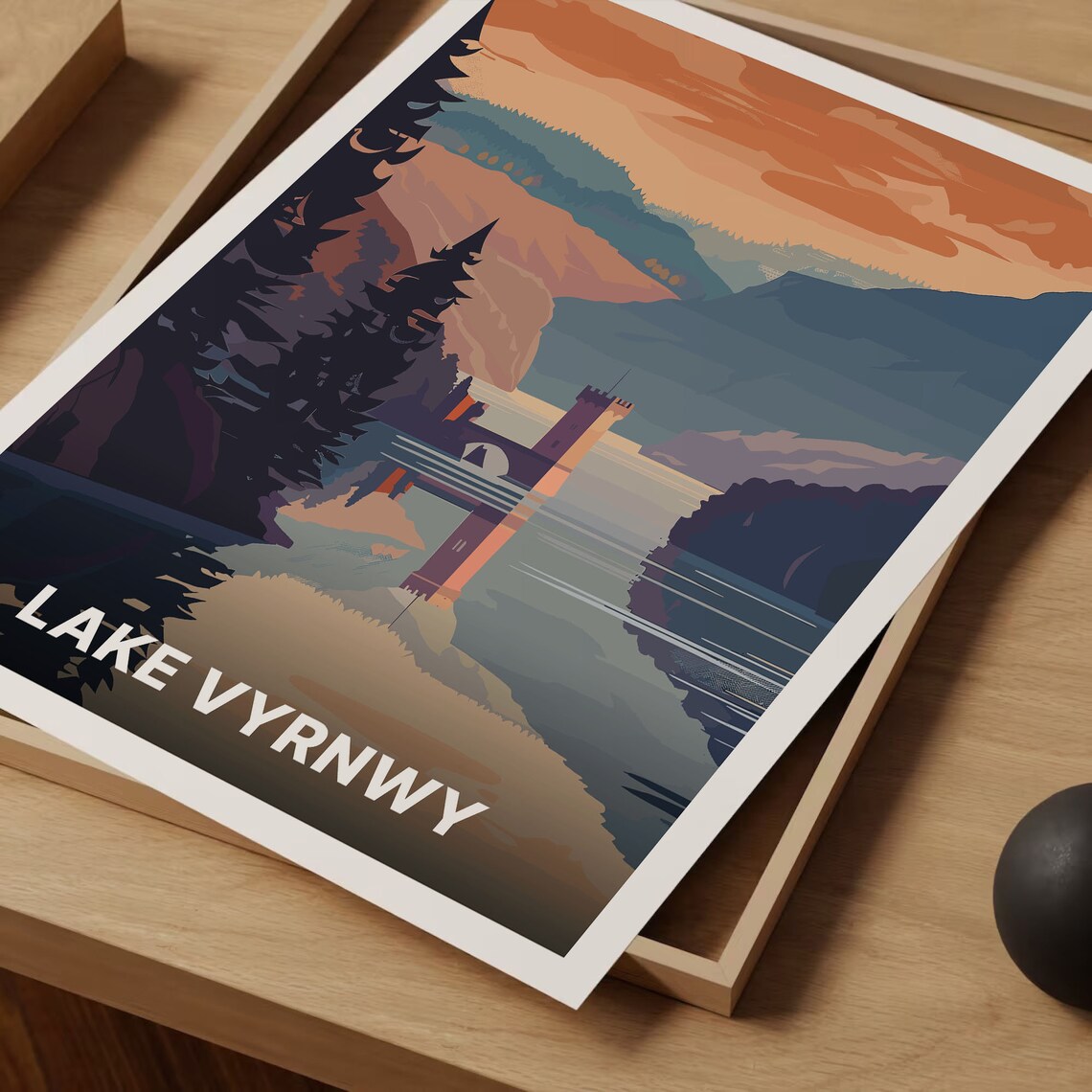 Lake Vyrnwy Wales Mountain Reservoir Tower Sunset Reflection Travel Poster - Image 3