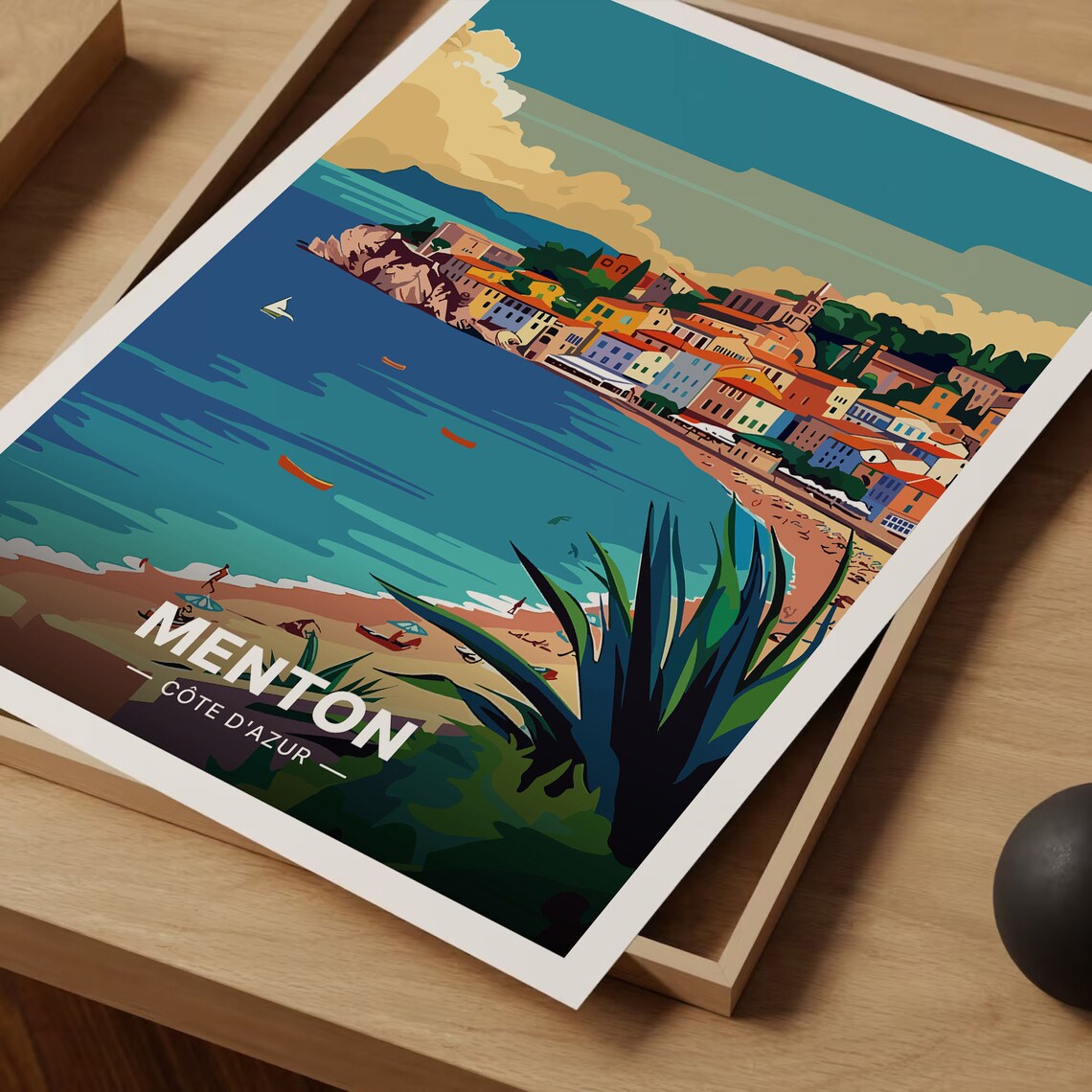 Menton Cote D'Azur Travel Poster French Riviera Beach Bay Scene Art - Image 3