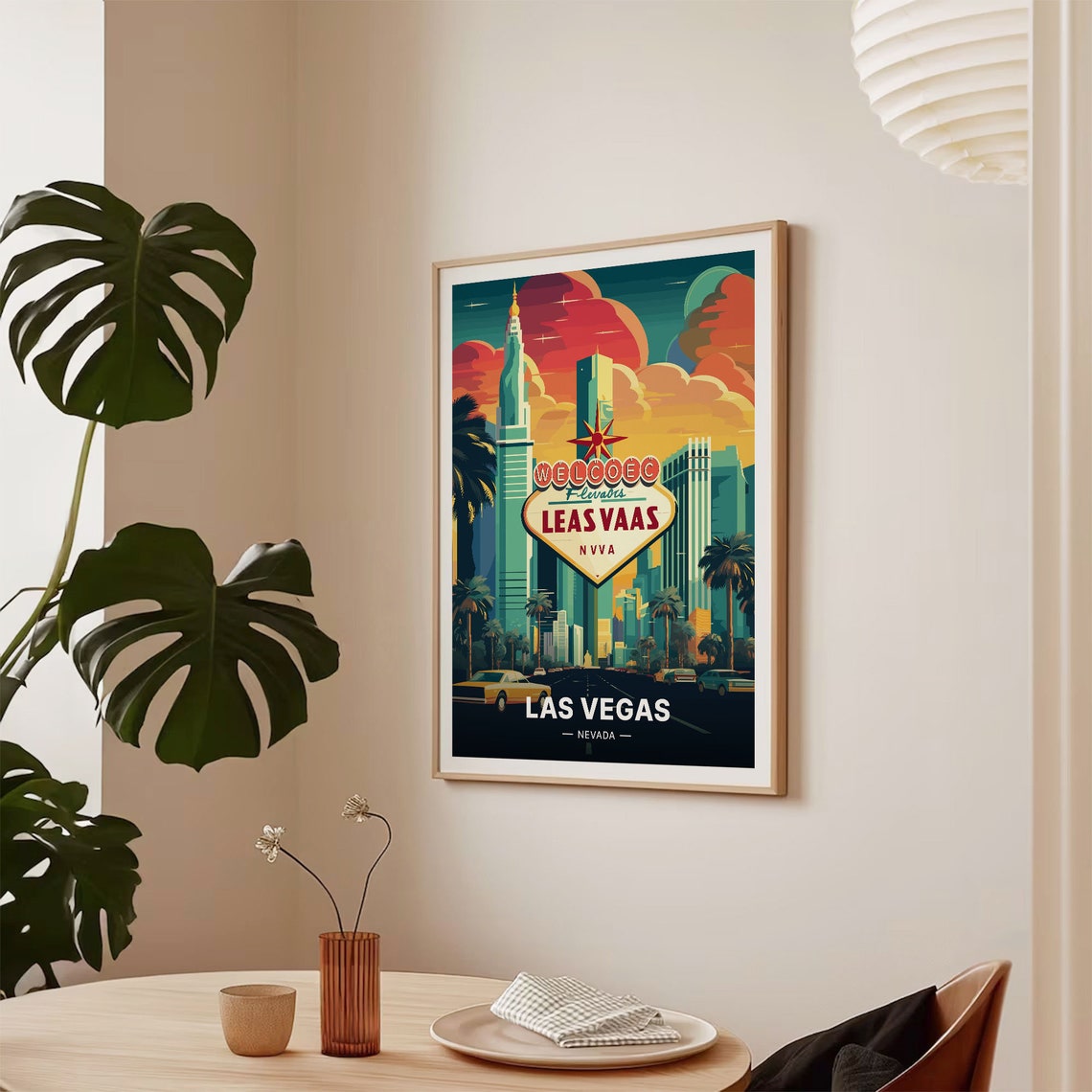 Las Vegas Nevada Welcome Sign Skyline Palms Night Travel Poster - Image 2